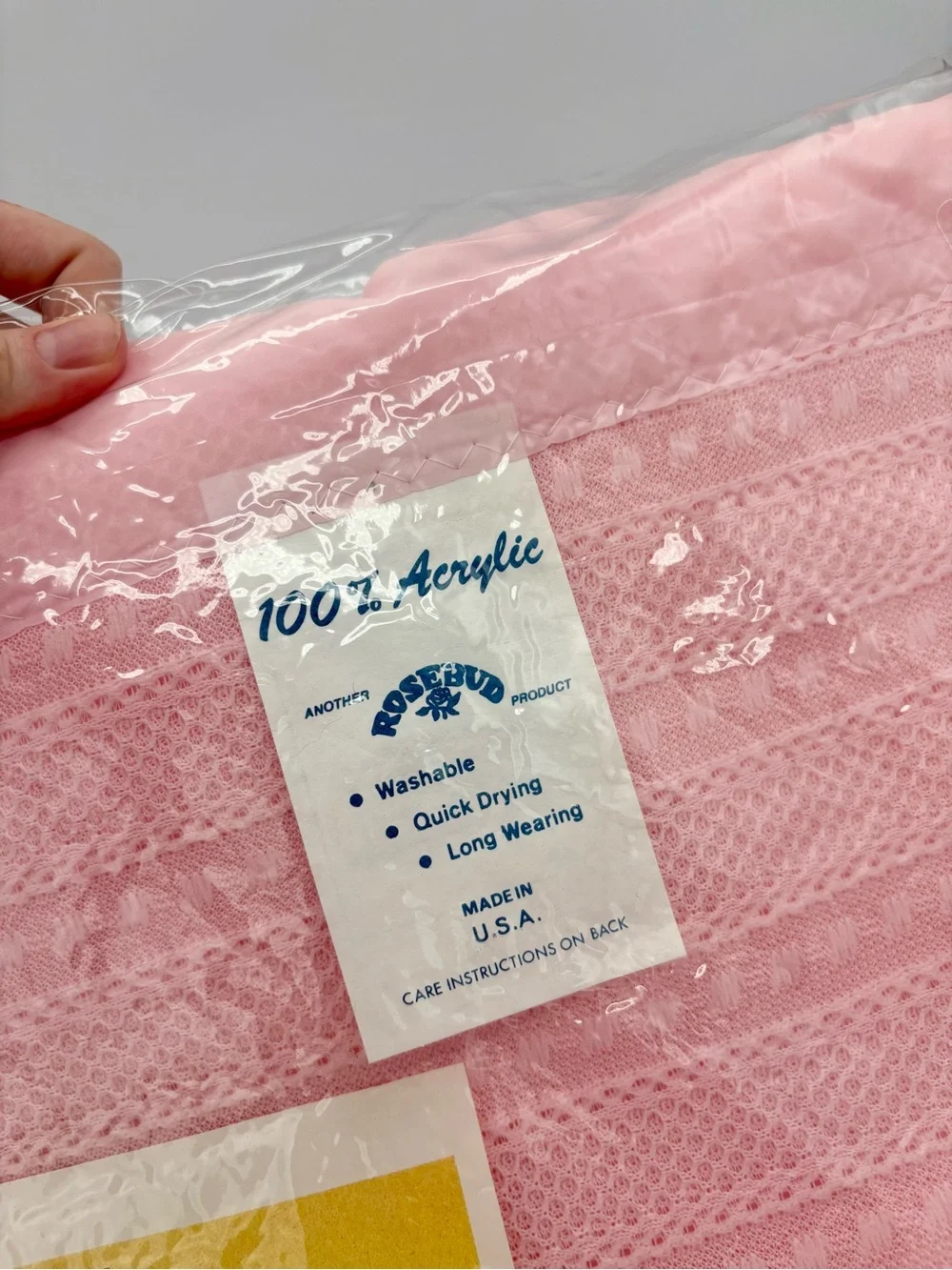 VINTAGE 1960’s Rosebud Baby Blanket Pink Satin Trim Fleece Lining Made in USA